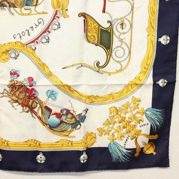HERMES Carre 90 Scarf ""Plumes et Grelots"" Silk Navy - Picture 10 of 14